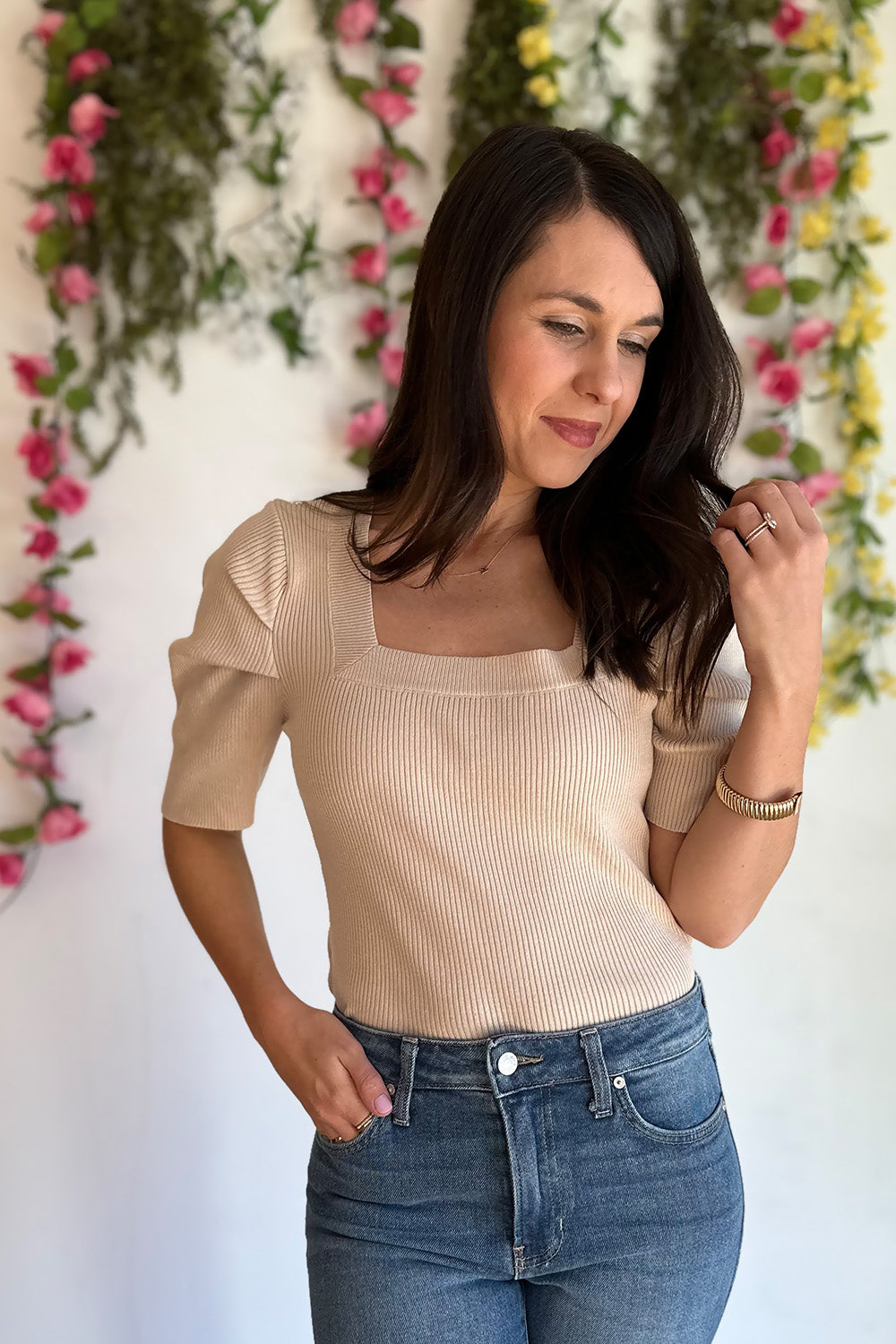 Beige Ribbed Square Neck Top