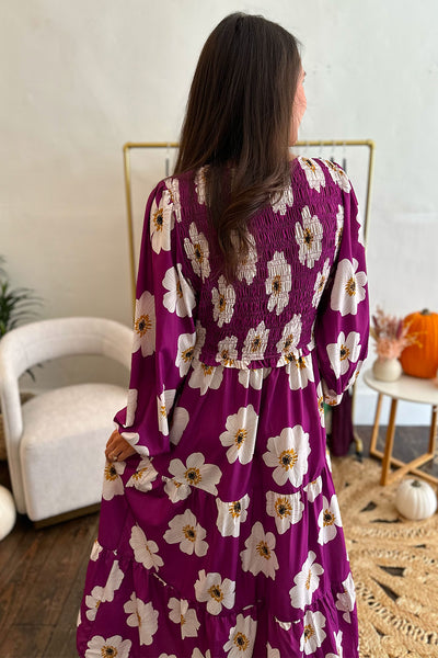 Berry Floral Printed LS Midi Dress