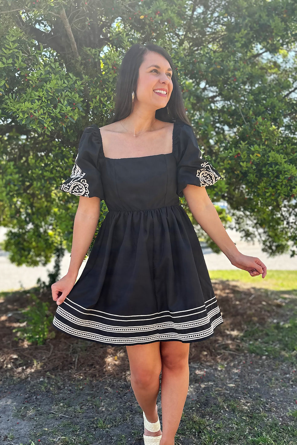 Black Square Neck Embroidered Dress