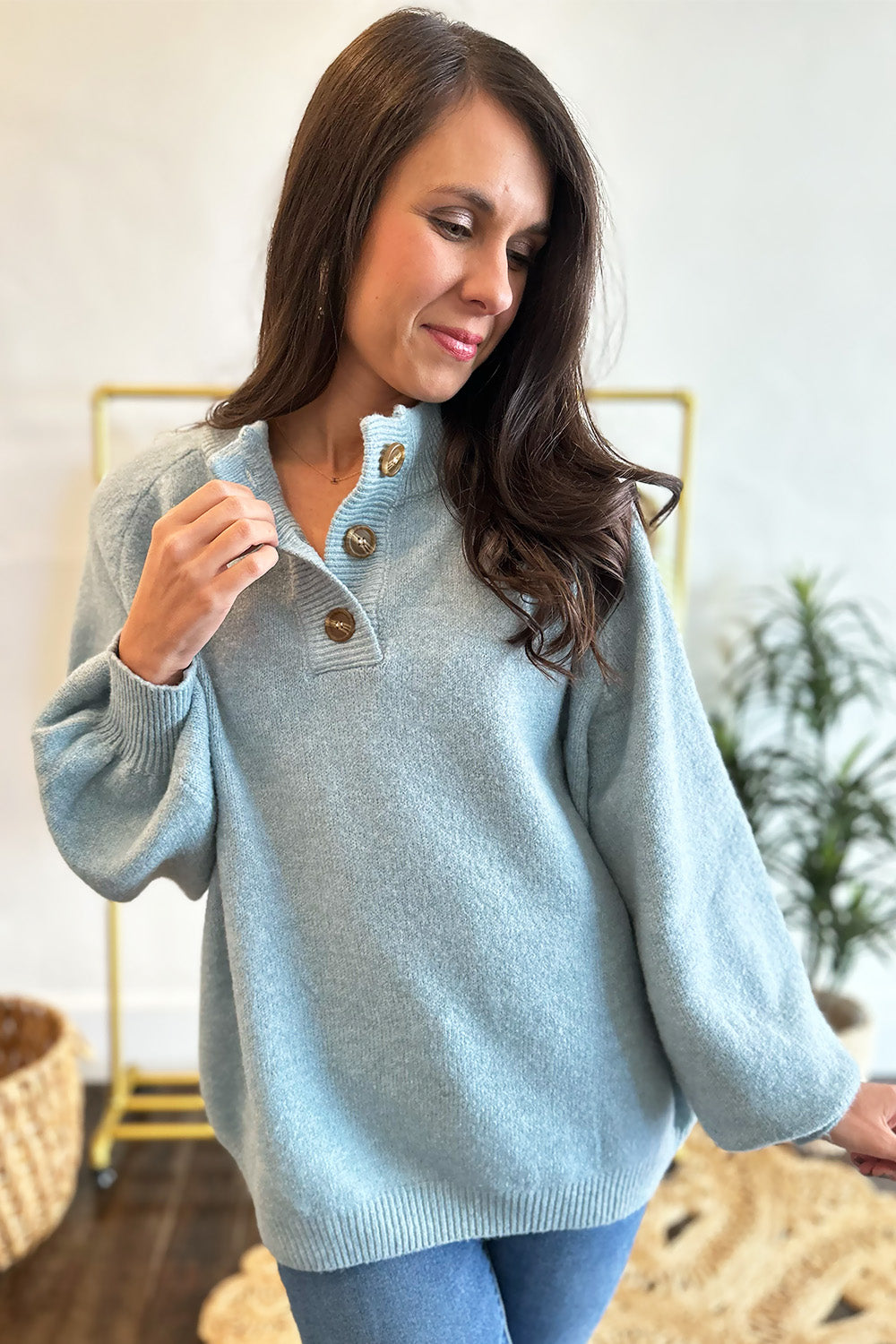 Sage Button Neck Sweater