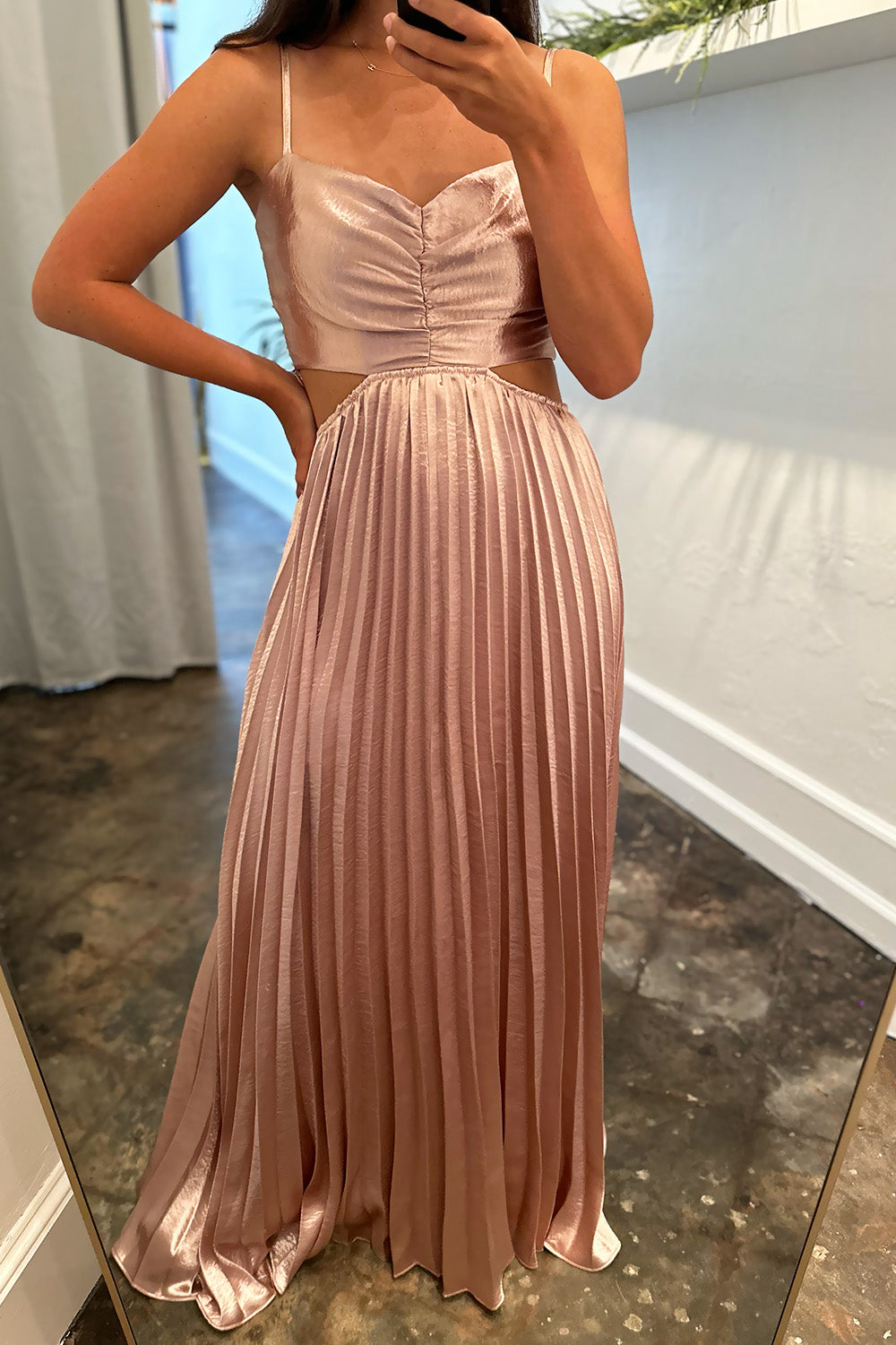 Blush Metallic Pleated Maxi Dress