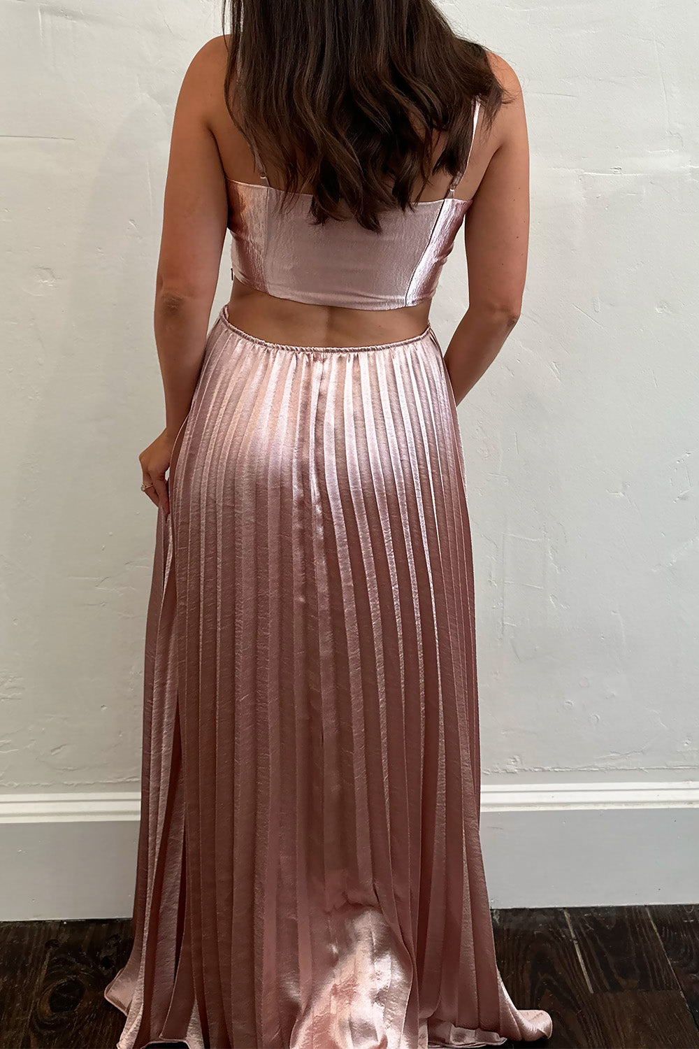 Blush Metallic Pleated Maxi Dress