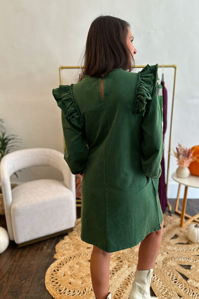 Green LS Ruffle Shoulder Comfy Dress