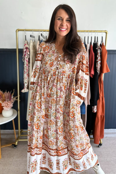 Cream and Rust Floral Midi Dress