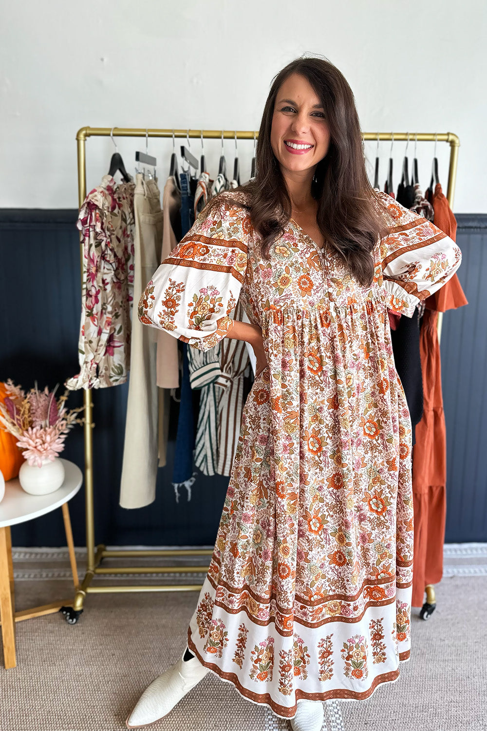 Cream and Rust Floral Midi Dress