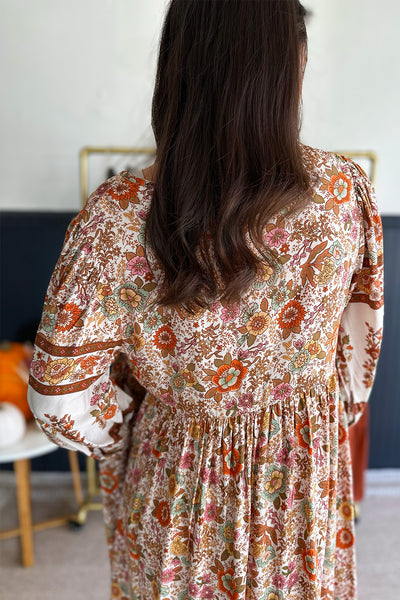 Cream and Rust Floral Midi Dress