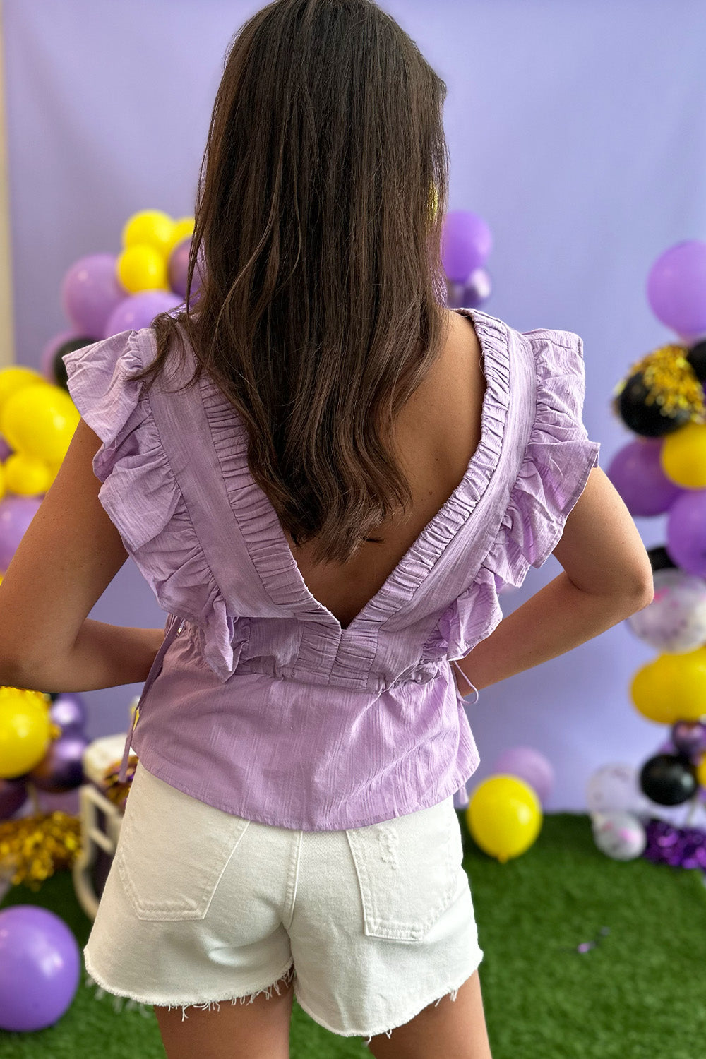 Lilac Pleated Ruffle Deep Vneck Top