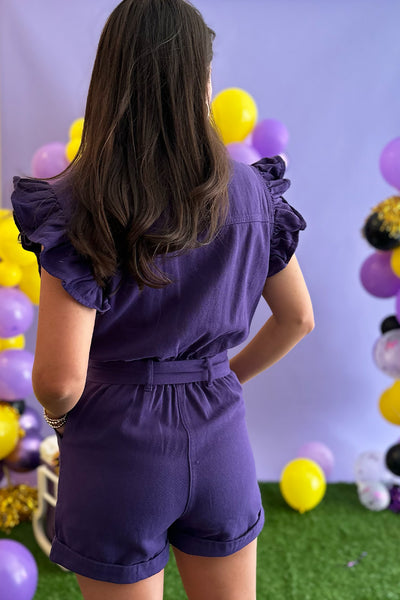 Ruffle Sleeve Purple Button Up Romper