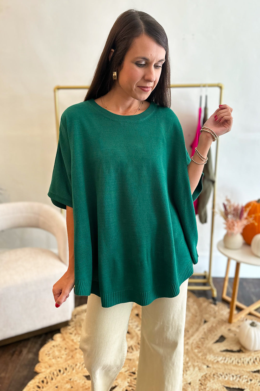 Solid Dolman SS Knit Top Green