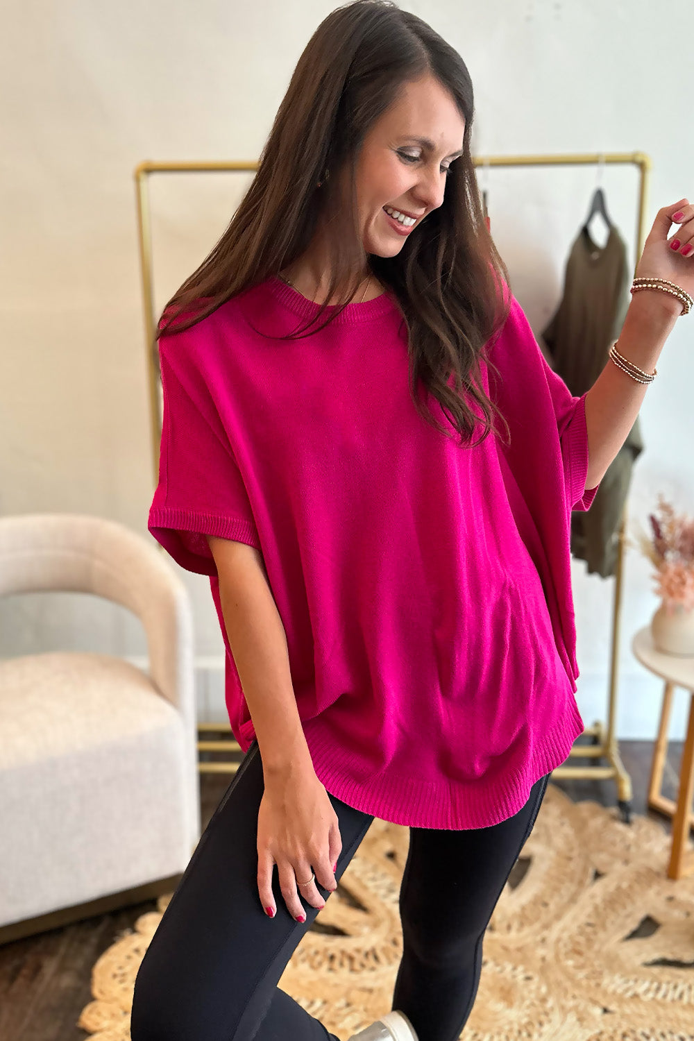 Solid Dolman SS Knit Top Magenta