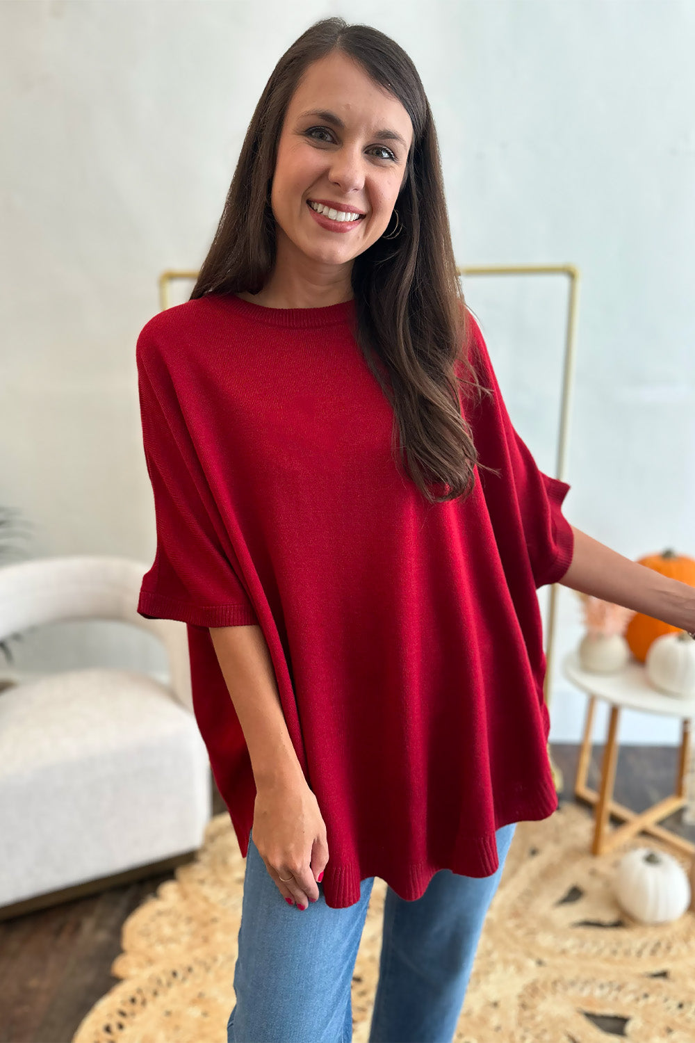 Solid Dolman SS Knit Top Wine