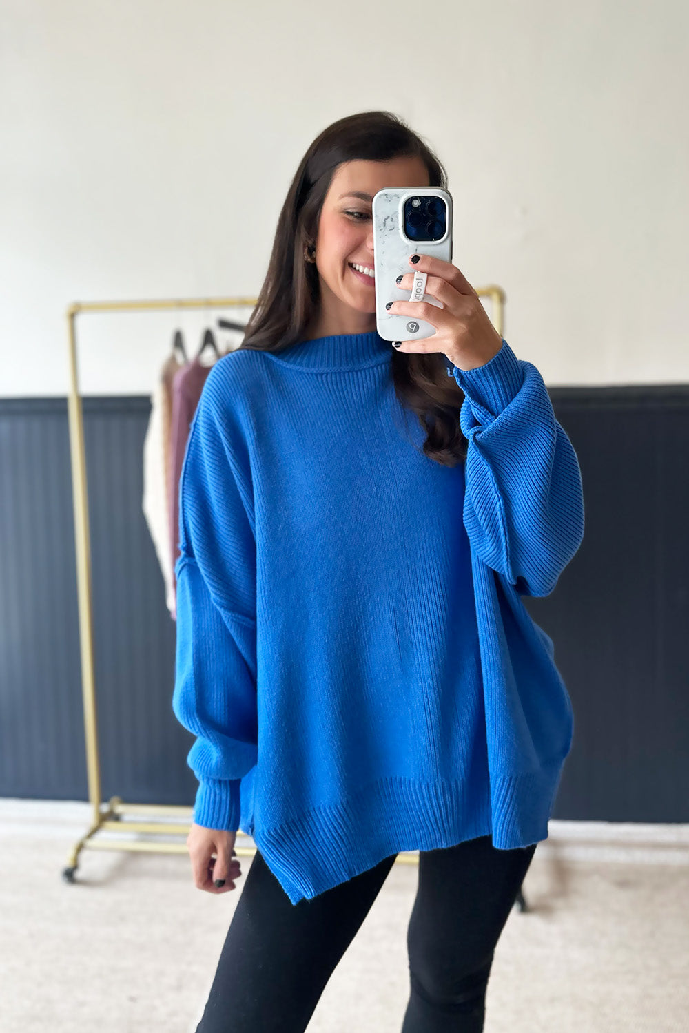 Mock Neck Drop Shoulder Sweater Blue