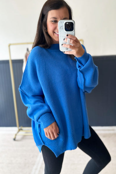 Mock Neck Drop Shoulder Sweater Blue