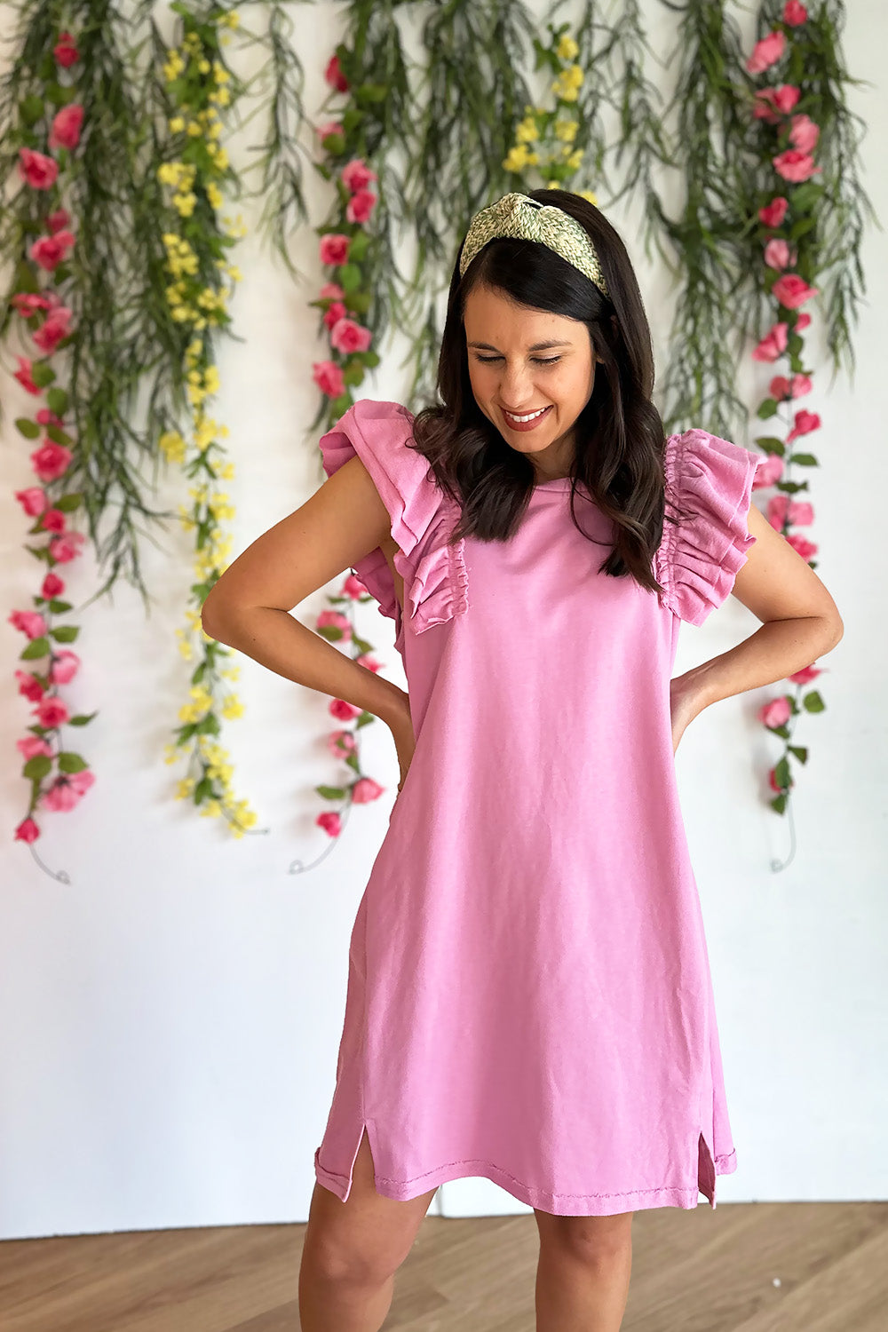 French Terry Ruffle Shoulder Dress Pink