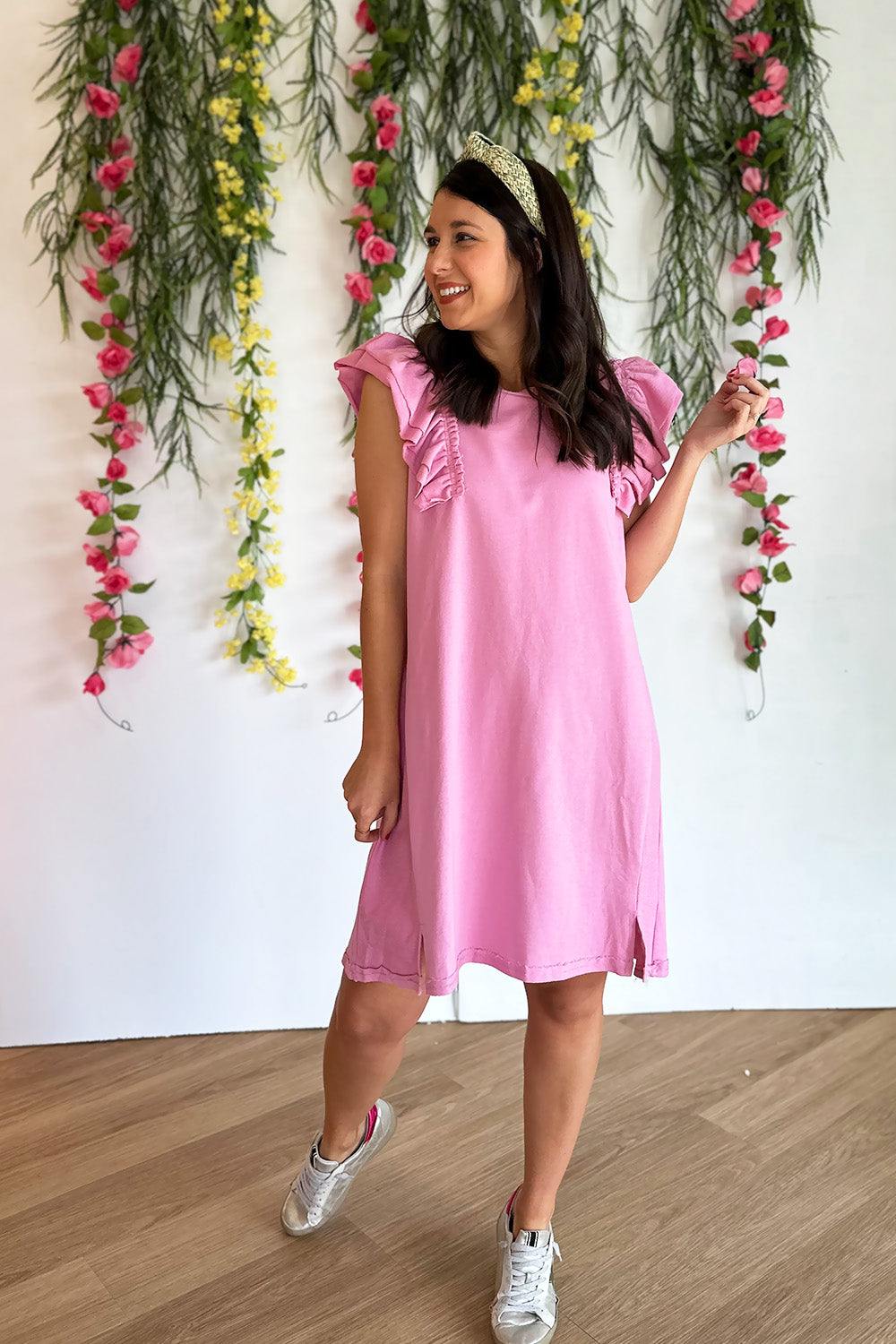 French Terry Ruffle Shoulder Dress Pink