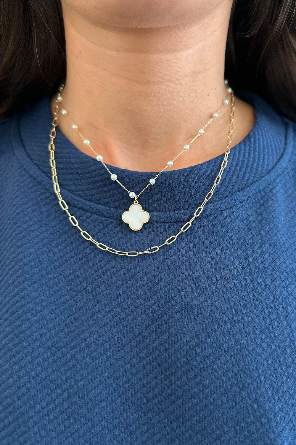 Layered Gold and Pearl Clover Necklace