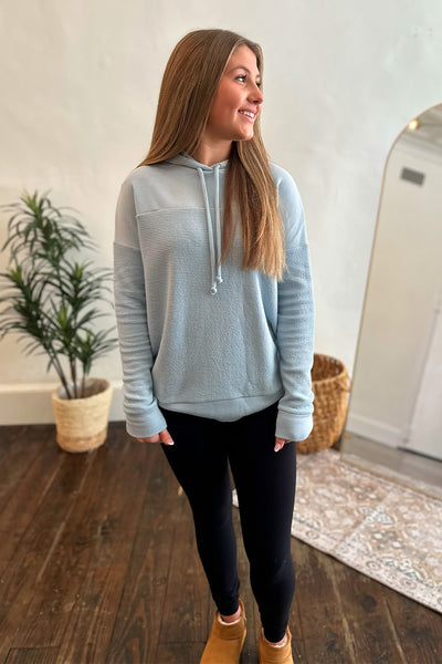 Drawstring Neck Hooded LS Top Blue