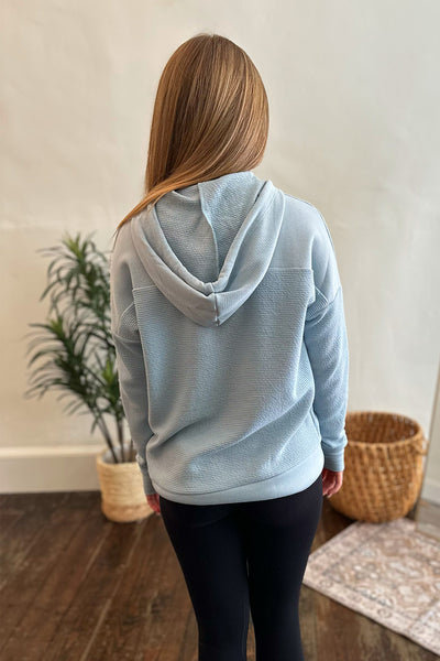 Drawstring Neck Hooded LS Top Blue