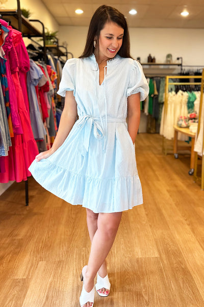 Light Blue Puff Sleeve Waist Dress