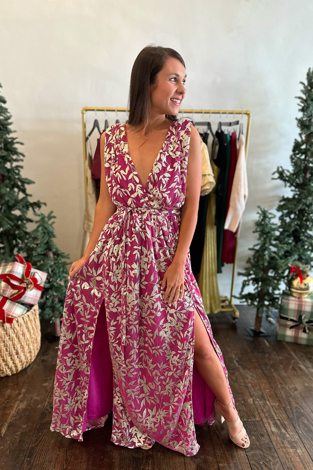 Magenta and Gold Metallic Maxi Dress