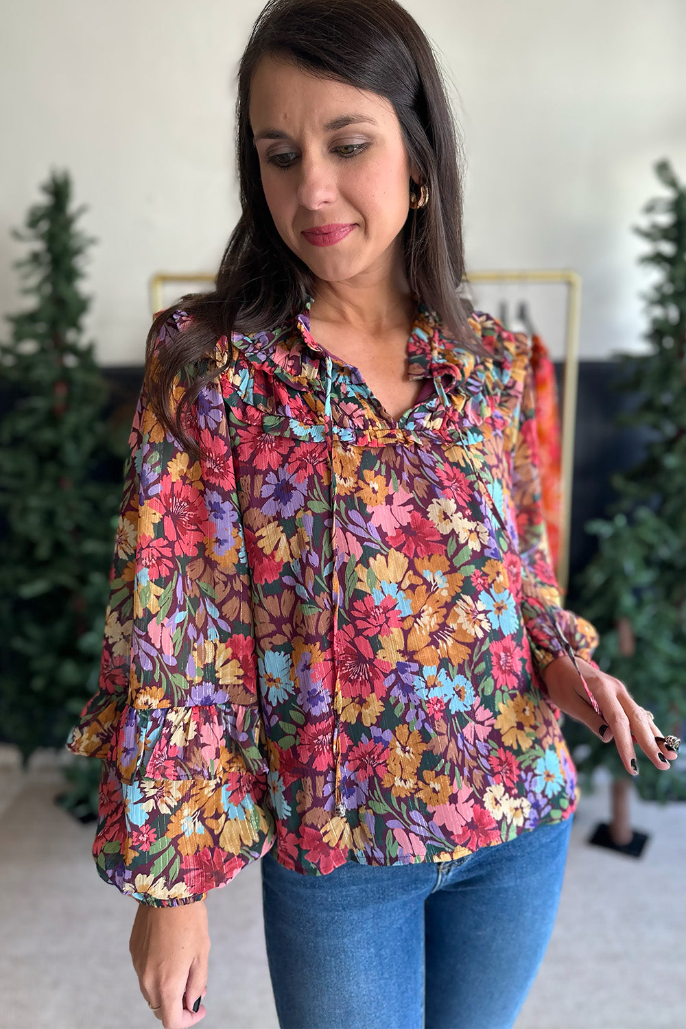 Floral Metallic LS Blouse