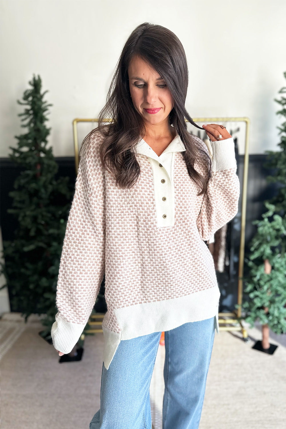 Mocha and Cream Henley Sweater