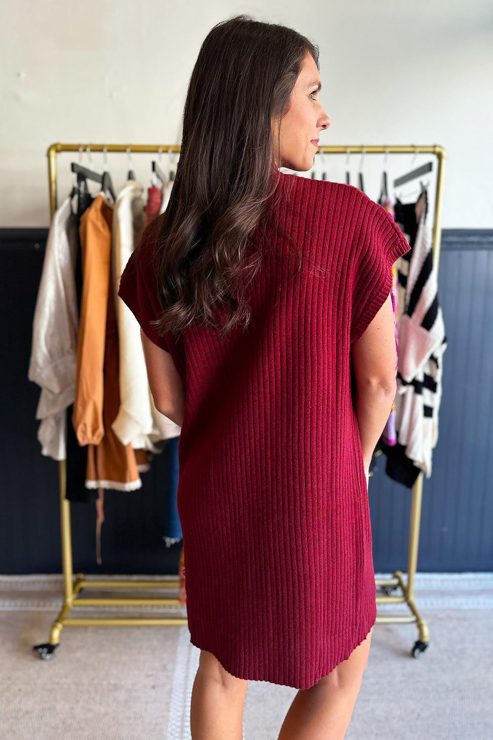 Ribbed Mock Neck Sweater Dress Wine