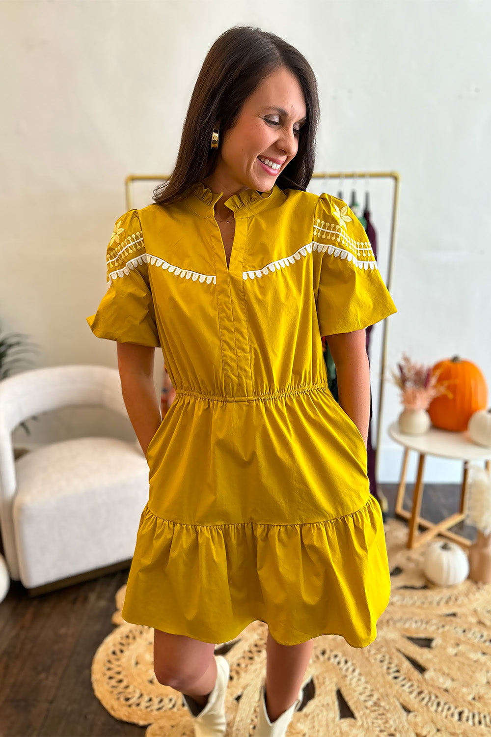 Mustard Embroidered Puff Sleeve Dress