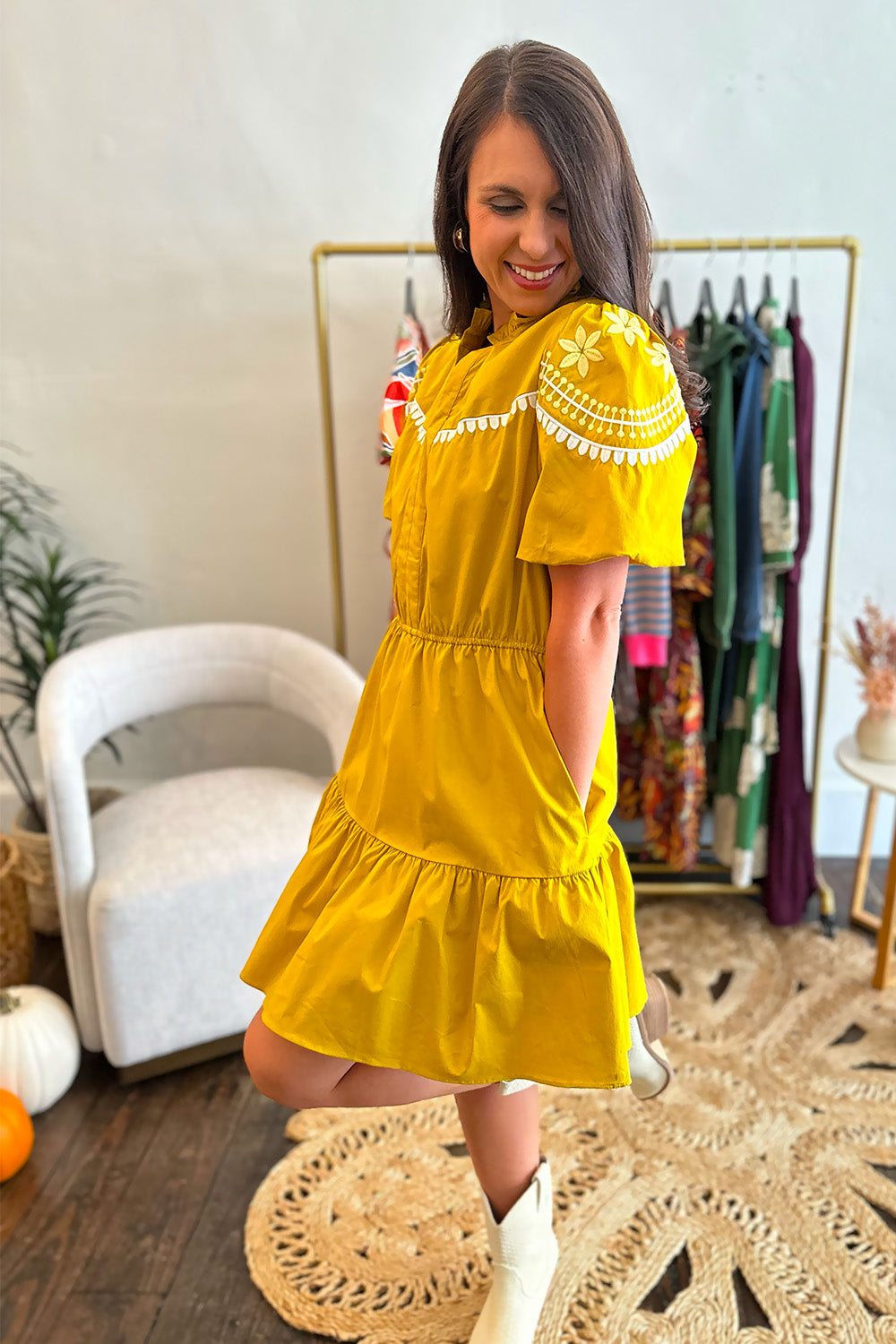 Mustard Embroidered Puff Sleeve Dress