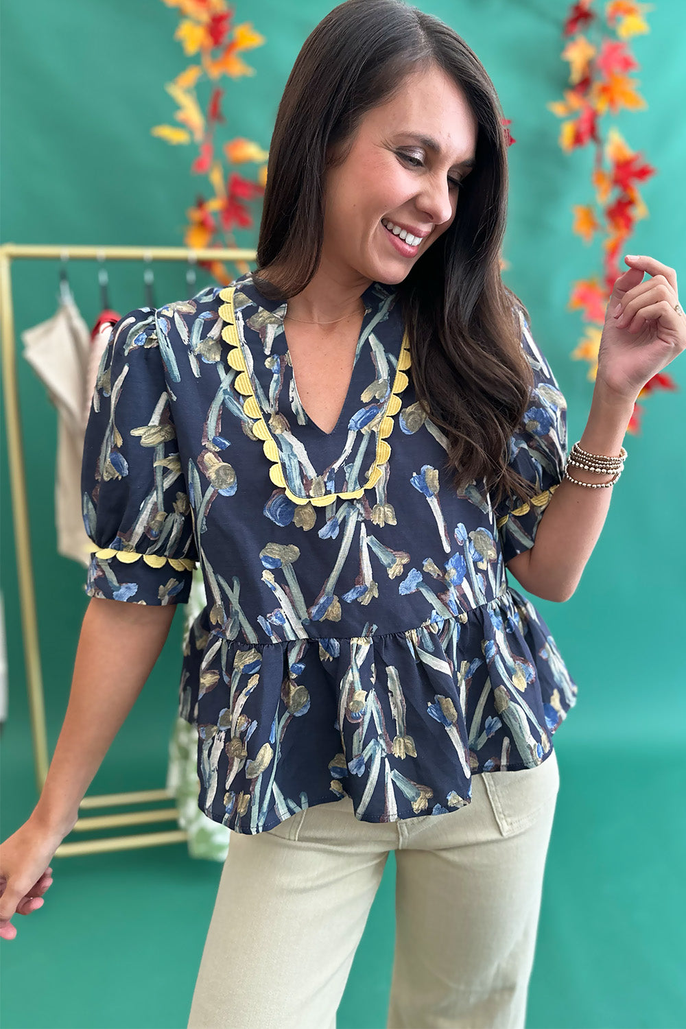 Navy Floral Scallop Trim Blouse