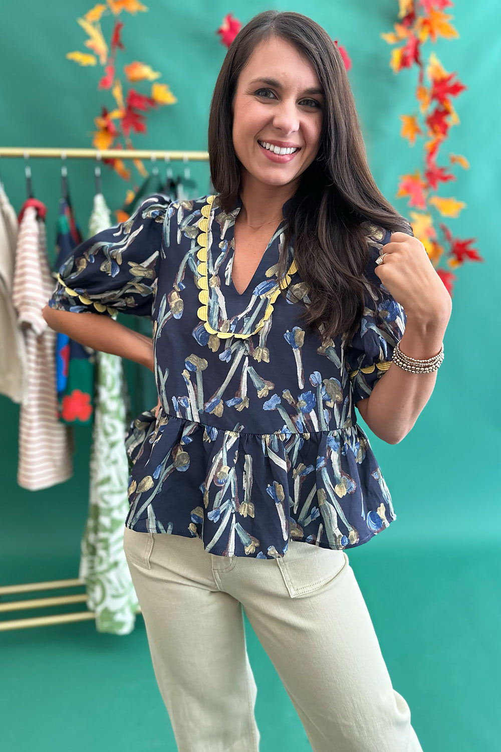 Navy Floral Scallop Trim Blouse