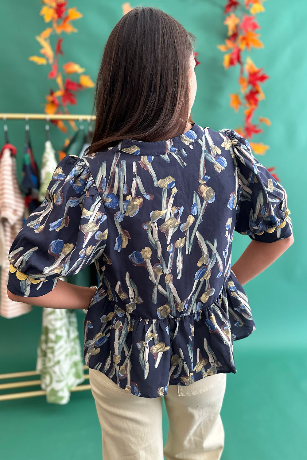 Navy Floral Scallop Trim Blouse