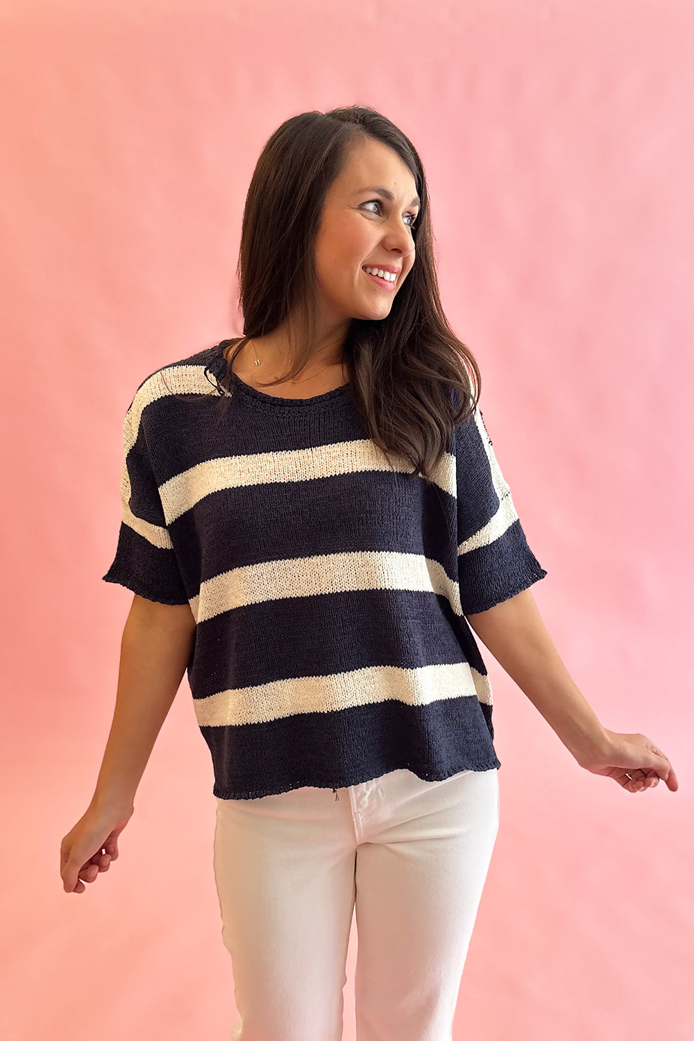 Knit Stripe SS Top Navy