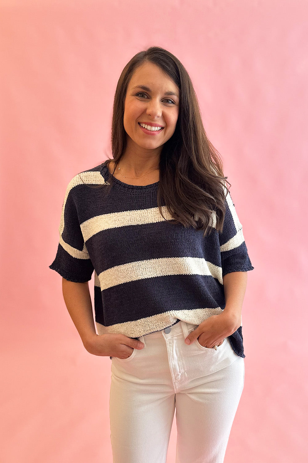 Knit Stripe SS Top Navy