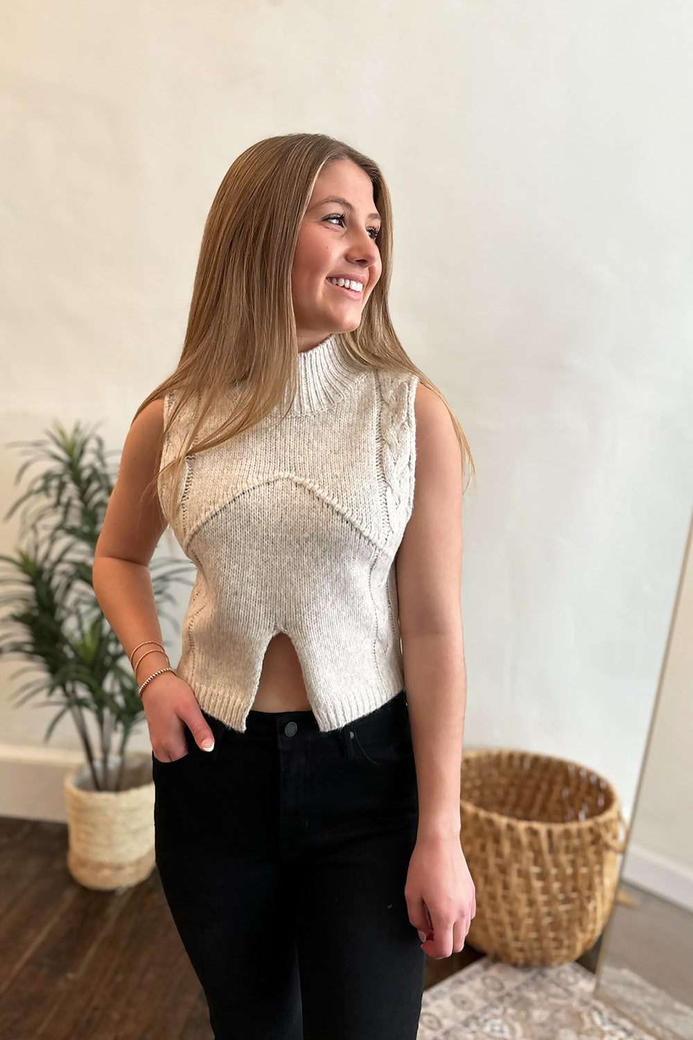 Oatmeal Cut Out Crop Sleeveless Sweater