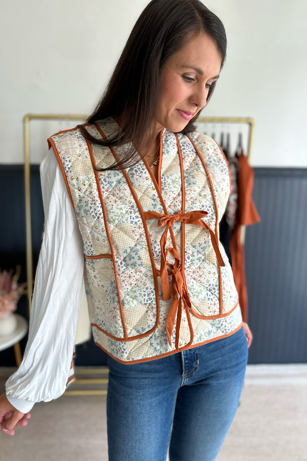 Camel Patchwork Floral Vest