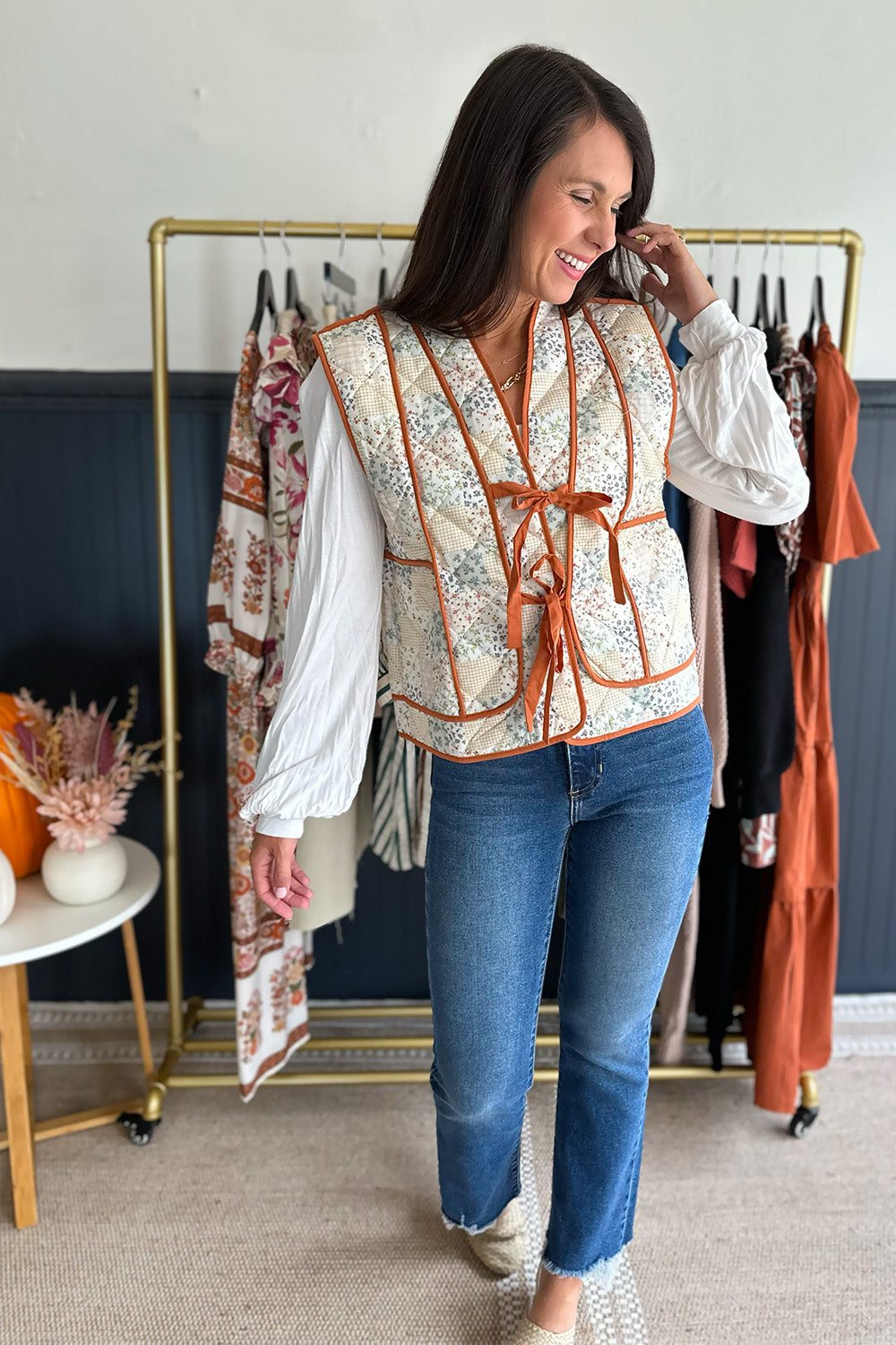 Camel Patchwork Floral Vest