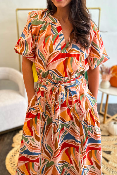 Rust, Peach, and Green Printed SS Midi Dress