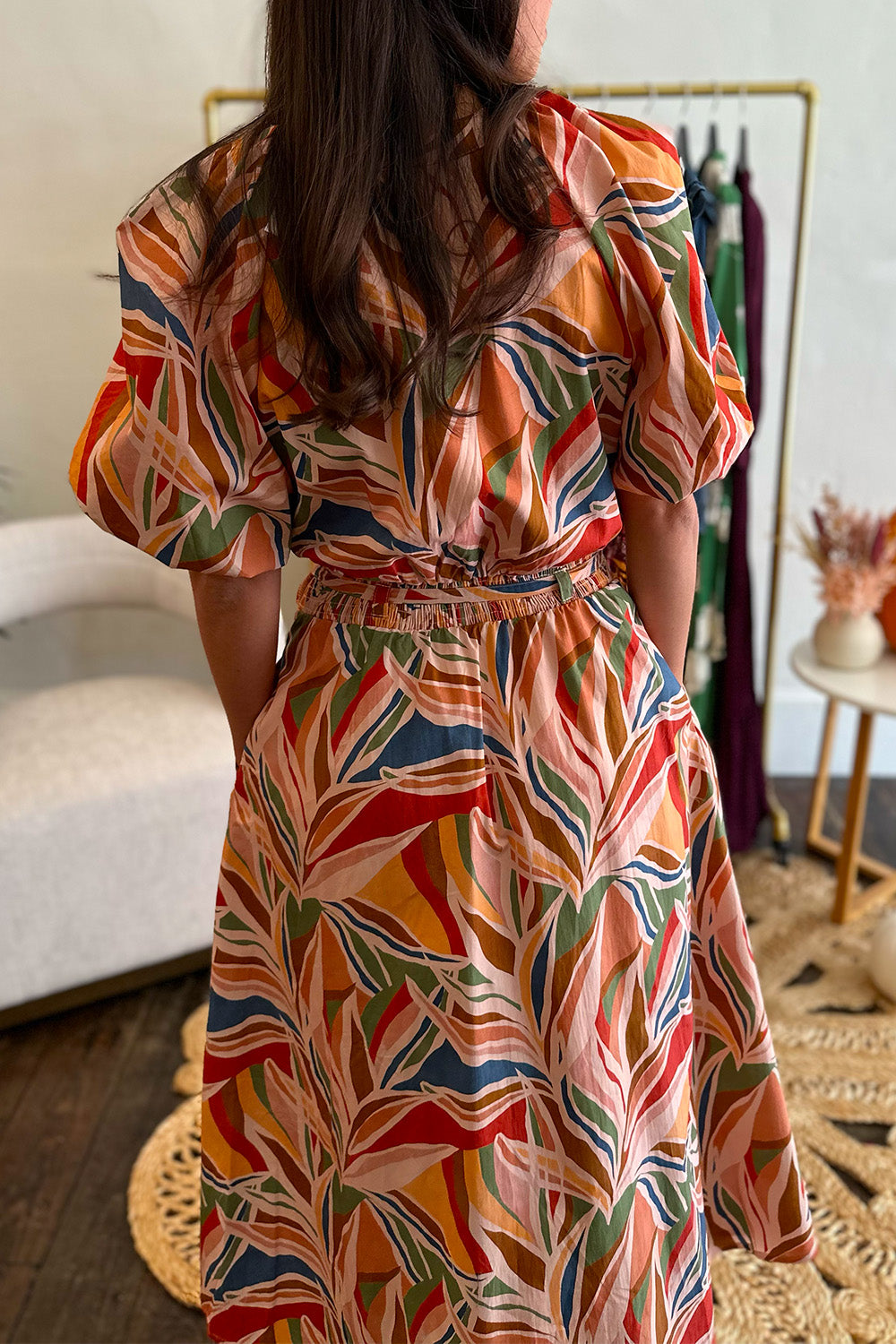 Rust, Peach, and Green Printed SS Midi Dress