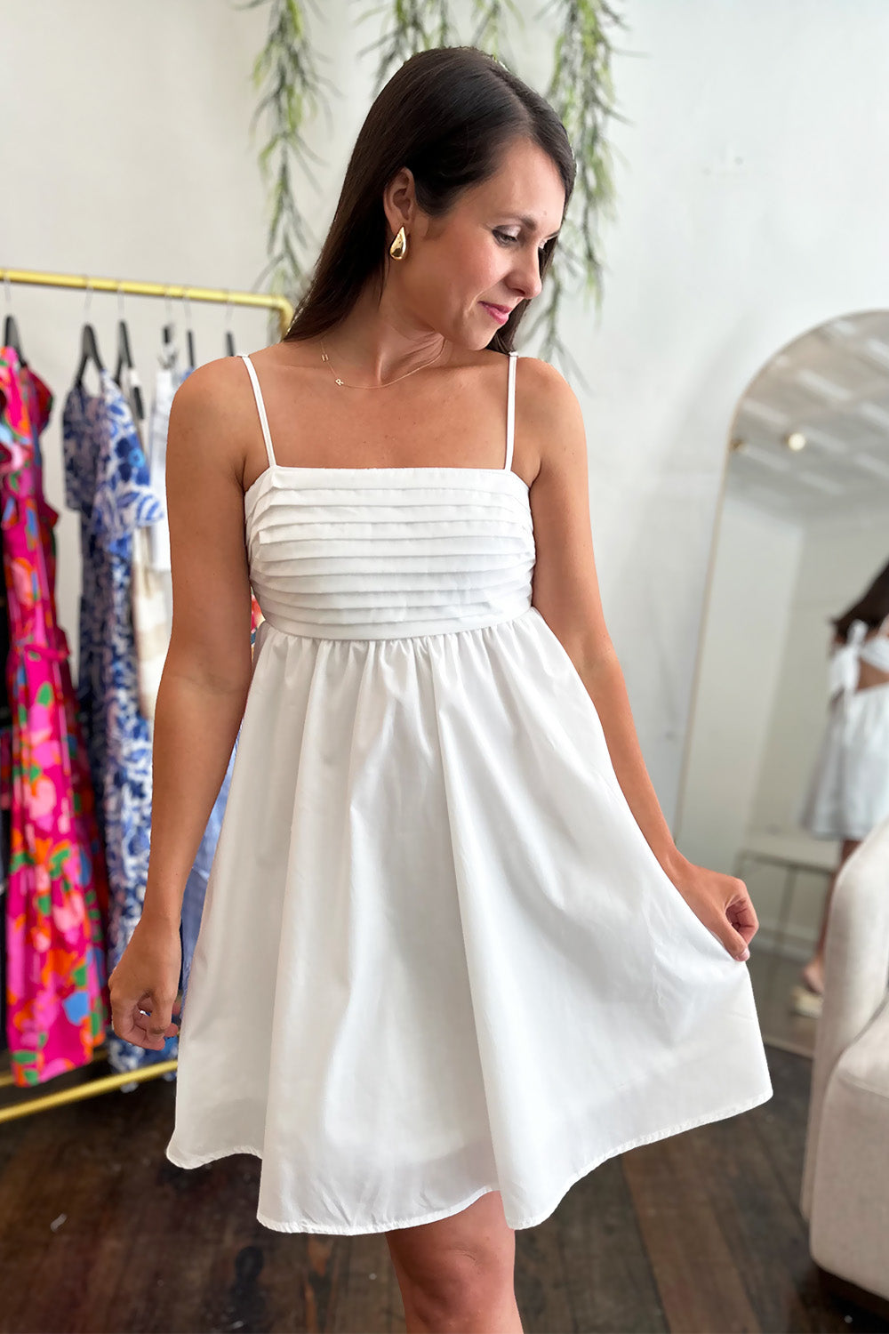 Pleated Tie Back White Dress