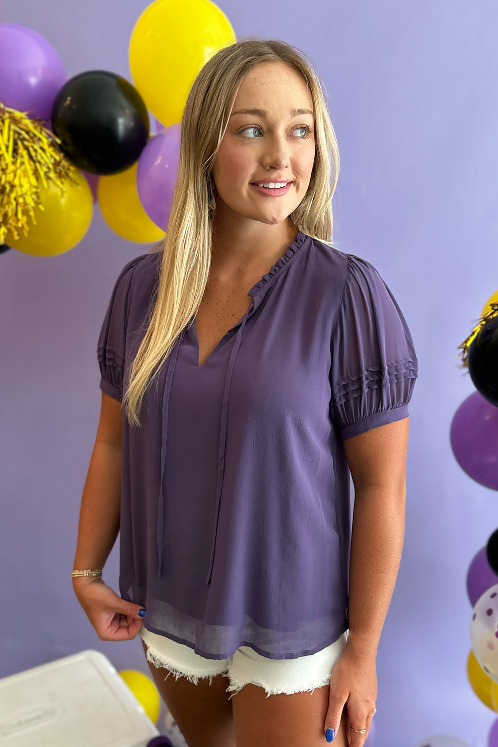 Plum Tie Neck SS Blouse