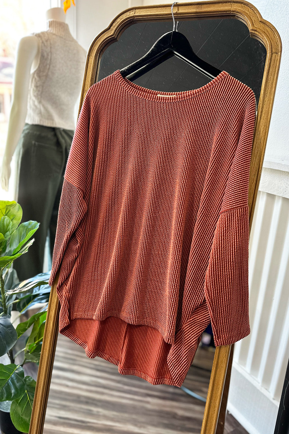 Ribbed Dolman Long Sleeve Top Rust