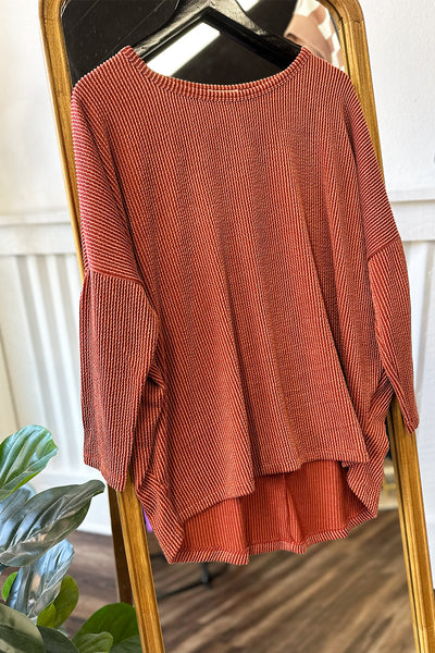 Ribbed Dolman Long Sleeve Top Rust