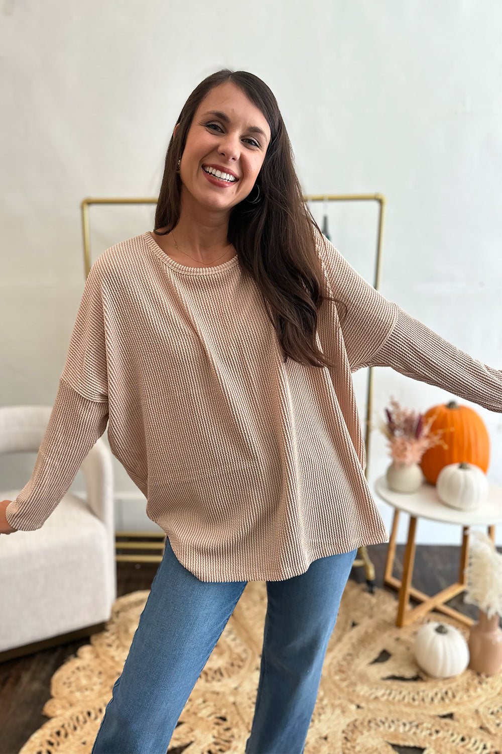 Ribbed Dolman Long Sleeve Top Tan