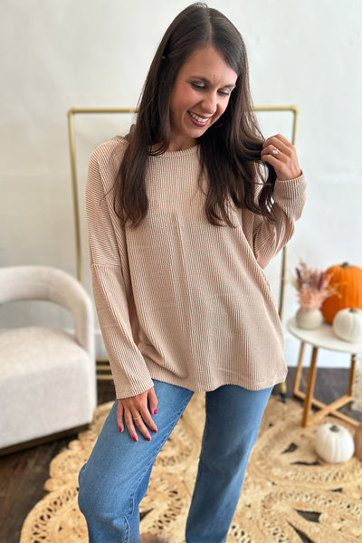 Ribbed Dolman Long Sleeve Top Tan