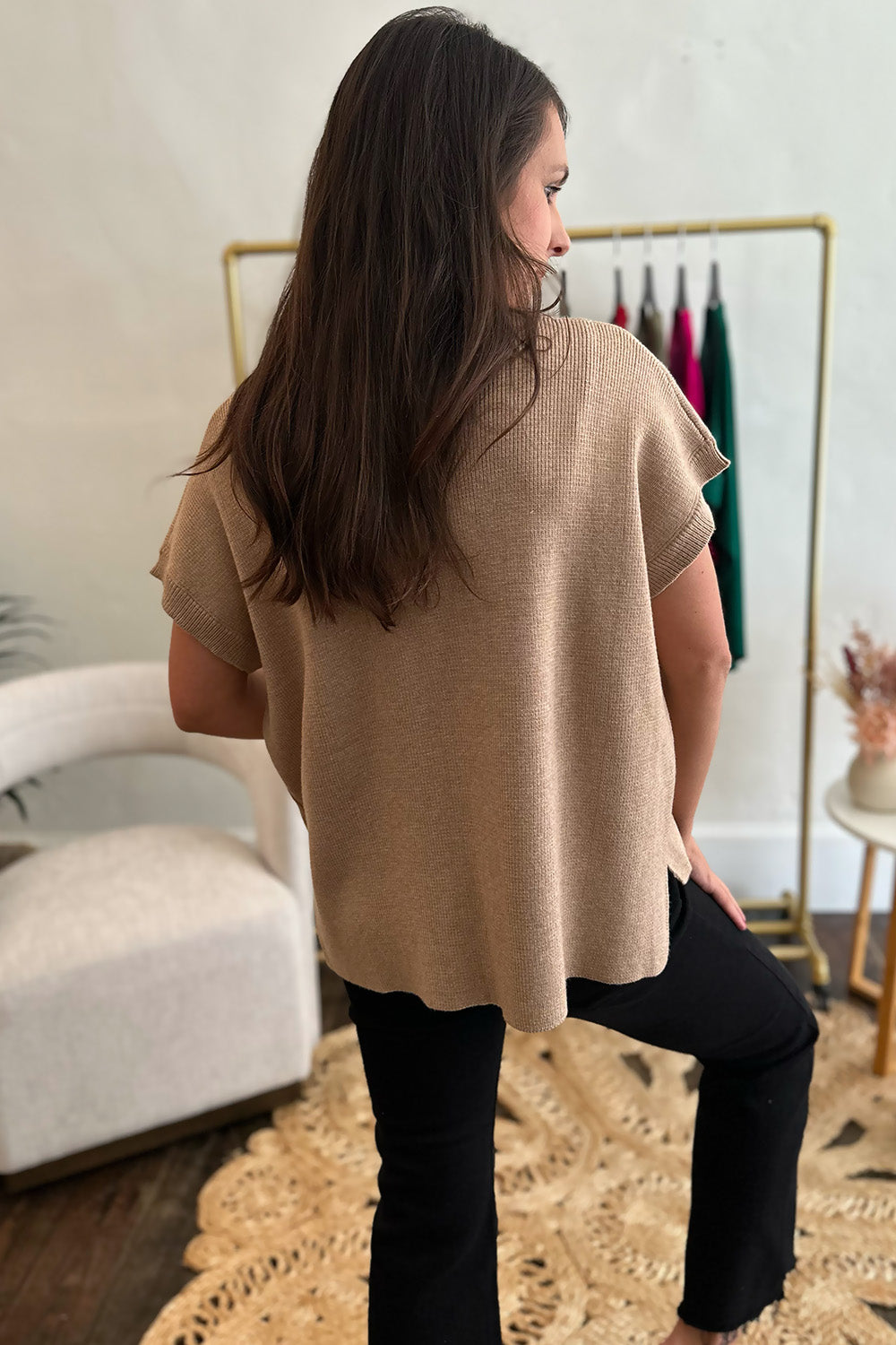 Ribbed SS Mock Neck Knit Taupe