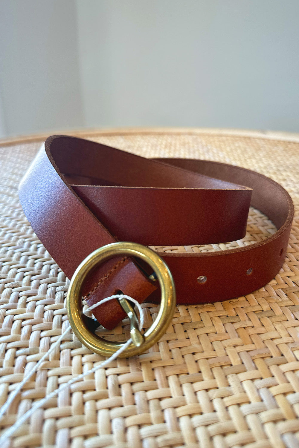 Circle Buckle Leather Belt Brown