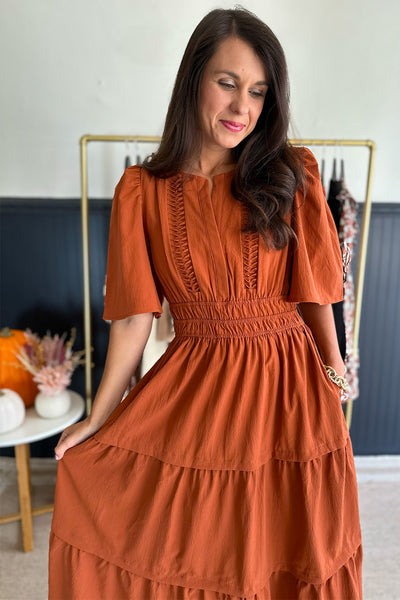 Rust Short Sleeve Pleat Front Midi