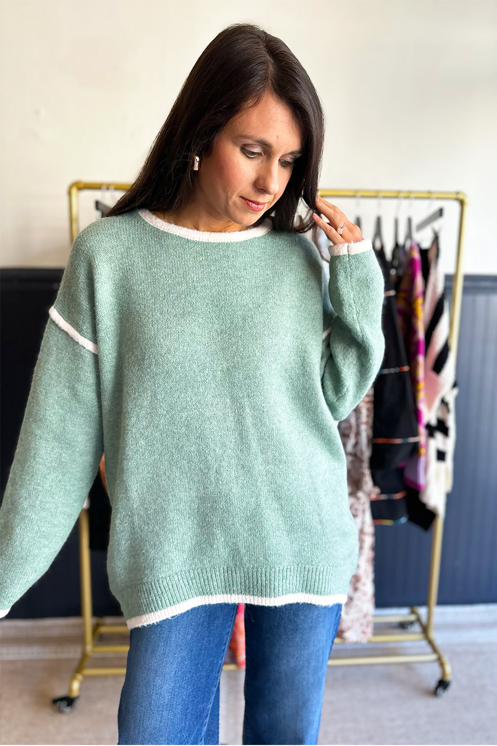 Sage and Cream Crew Neck Sweater