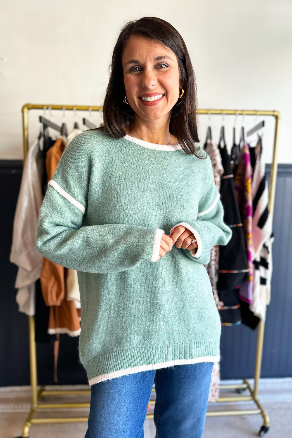 Sage and Cream Crew Neck Sweater